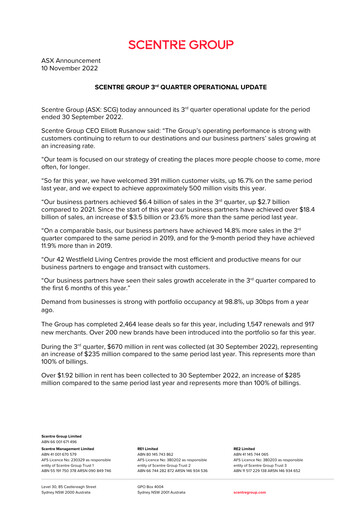 Thumbnail Scentre Group Quarterly Report 2022-q3