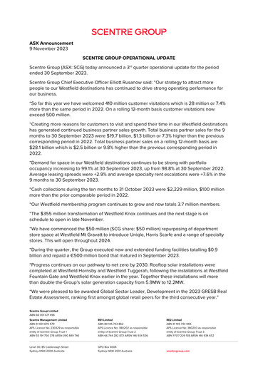 Thumbnail Scentre Group Quarterly Report 2023-q3