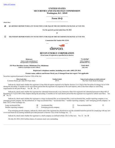 Miniature Devon Energy
 Rapport trimestriel 2022-q2