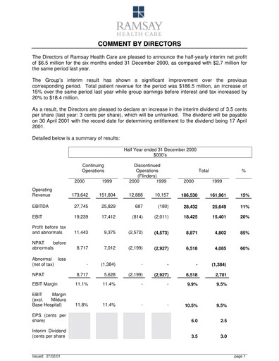 Thumbnail Ramsay Health Care Half-year Report 2001-h1