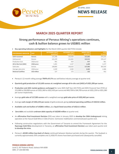 Thumbnail Perseus Mining Quarterly Report 2025-q1