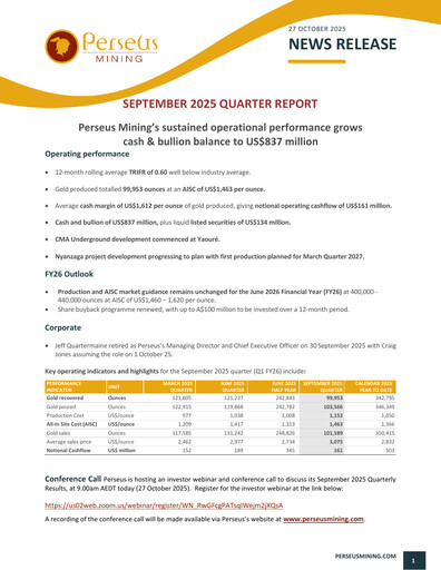 Thumbnail Perseus Mining Quarterly Report 2025-q3