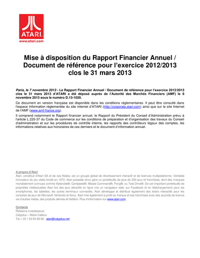 Miniature ATARI Document d'enregistrement universel 2013