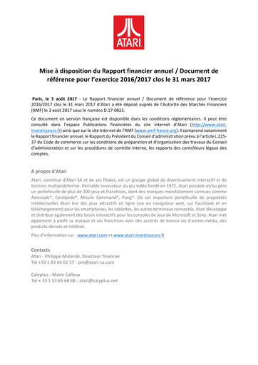 Miniature ATARI Document d'enregistrement universel 2017