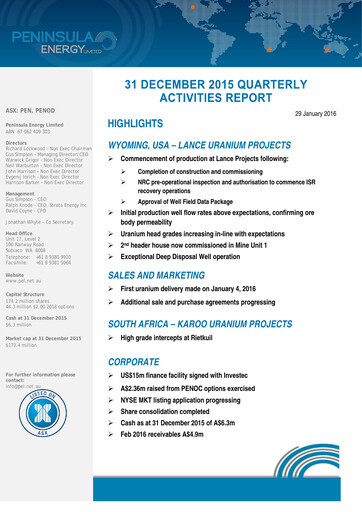 Thumbnail Peninsula Energy Quarterly Report 2015-q4