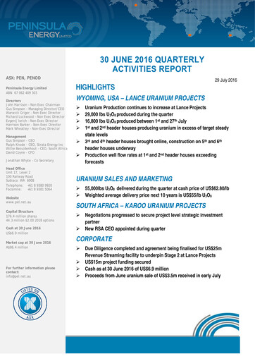 Thumbnail Peninsula Energy Quarterly Report 2016-q2