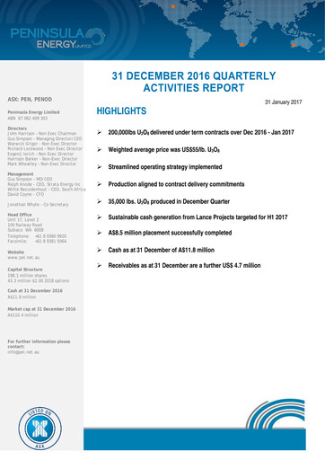 Thumbnail Peninsula Energy Quarterly Report 2016-q4