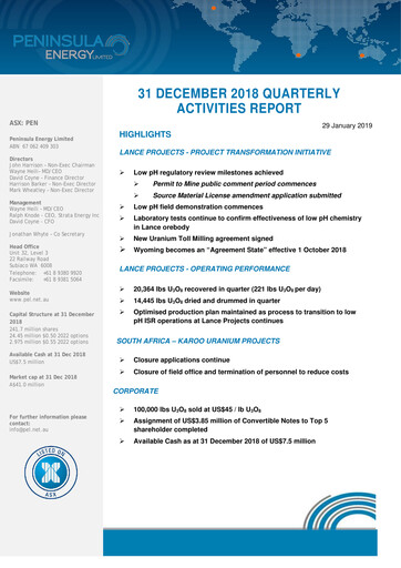 Thumbnail Peninsula Energy Quarterly Report 2018-q4