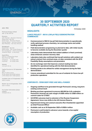 Thumbnail Peninsula Energy Quarterly Report 2020-q3