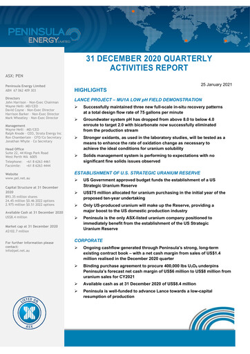 Thumbnail Peninsula Energy Quarterly Report 2020-q4