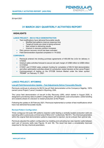 Thumbnail Peninsula Energy Quarterly Report 2021-q1