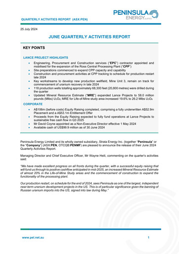 Thumbnail Peninsula Energy Quarterly Report 2024-q2