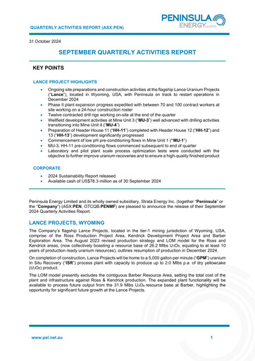 Thumbnail Peninsula Energy Quarterly Report 2024-q3