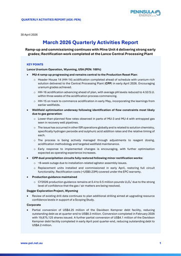 Thumbnail Peninsula Energy Quarterly Report 2026-q1