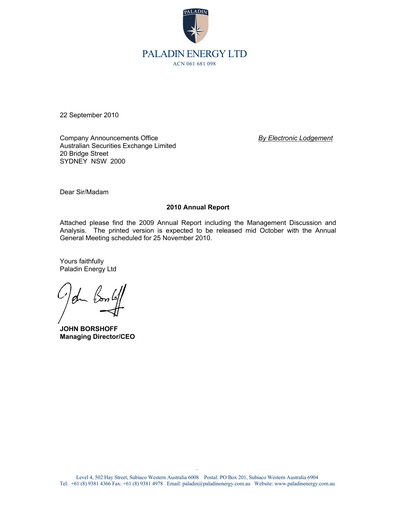 Thumbnail Paladin Energy Annual Report fy2010