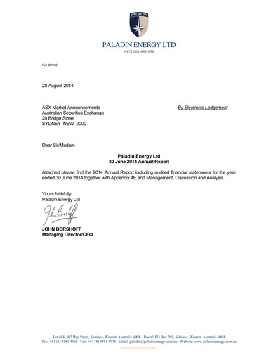 Thumbnail Paladin Energy Annual Report fy2014