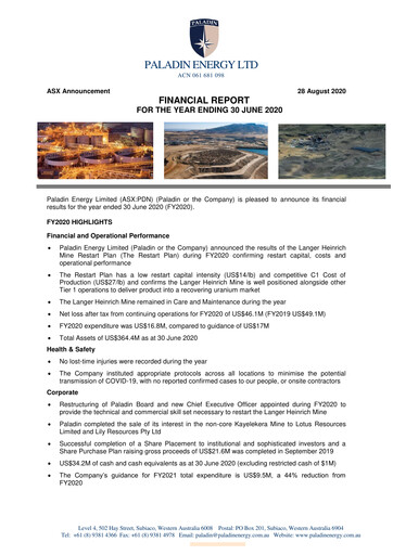 Thumbnail Paladin Energy Annual Report fy2020