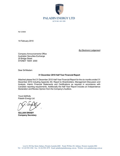 Thumbnail Paladin Energy Financial Report 2011-h1