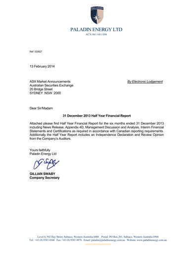Thumbnail Paladin Energy Financial Report 2014-h1