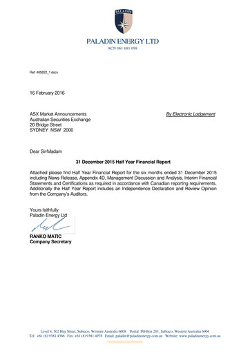 Thumbnail Paladin Energy Financial Report 2016-h1