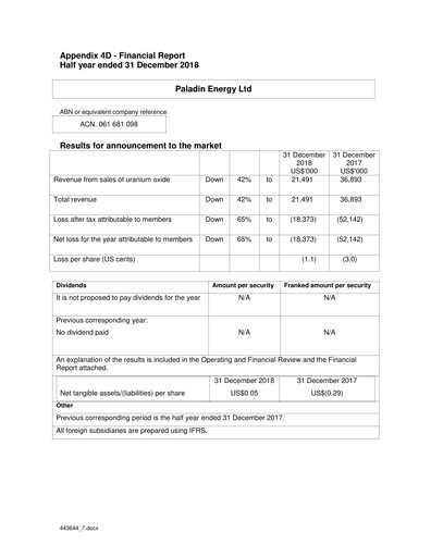 Thumbnail Paladin Energy Financial Report 2019-h1