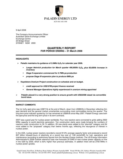 Thumbnail Paladin Energy Quarterly Report 2008-q3