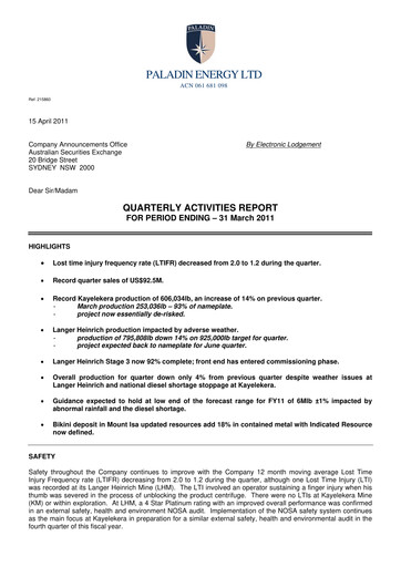 Thumbnail Paladin Energy Quarterly Report 2011-q3