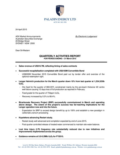 Thumbnail Paladin Energy Quarterly Report 2015-q3