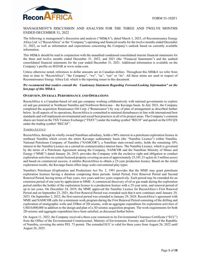 Miniature ReconAfrica Rapport financier 2022