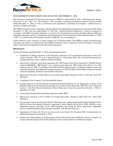 Miniature ReconAfrica Rapport financier 2024