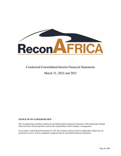Miniature ReconAfrica Rapport trimestriel 2022-q1