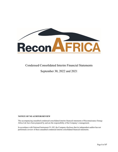 Miniature ReconAfrica Rapport trimestriel 2022-q3