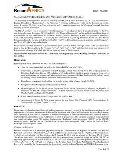 Thumbnail ReconAfrica Quarterly Report 2024-q2