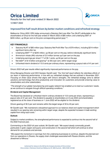 Vorschaubild Orica Halbjahresbericht 2022-h1