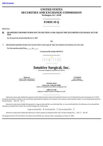 Thumbnail Intuitive Surgical Quarterly Report 2007-q1
