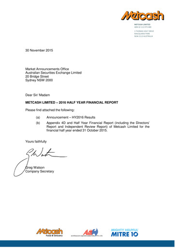 Thumbnail Metcash Half-year Report 2015-h1