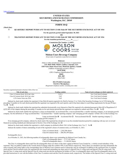 Vorschaubild Molson Coors Quartalsbericht 2021-q3