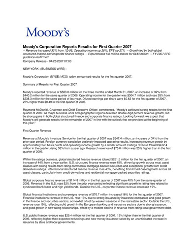 Thumbnail Moody's Quarterly Report 2007-q1