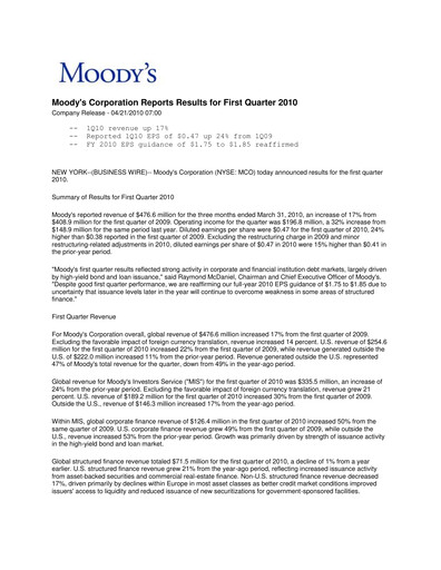 Thumbnail Moody's Quarterly Report 2010-q1