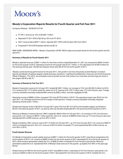 Thumbnail Moody's Quarterly Report 2011-q4