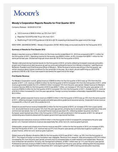 Thumbnail Moody's Quarterly Report 2012-q1