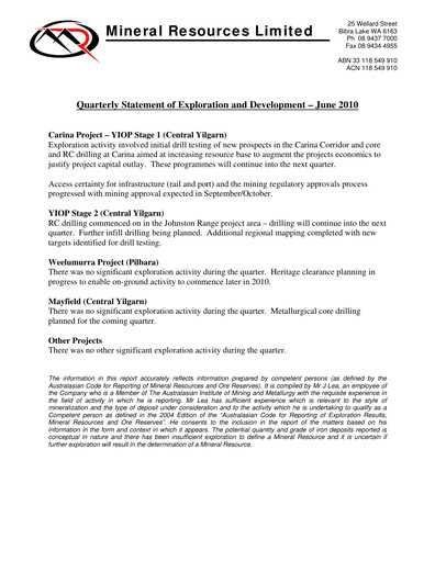 Thumbnail Mineral Resources Quarterly Report 2010-q4