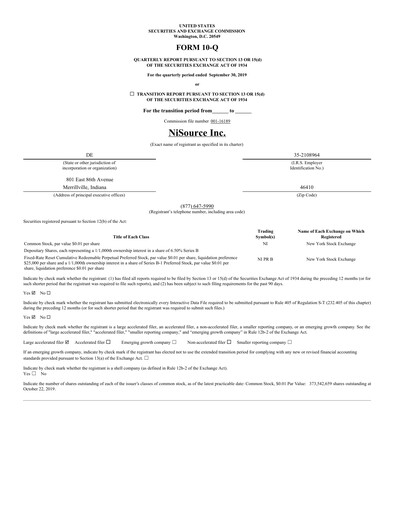 Thumbnail NiSource
 Quarterly Report 2019-q3