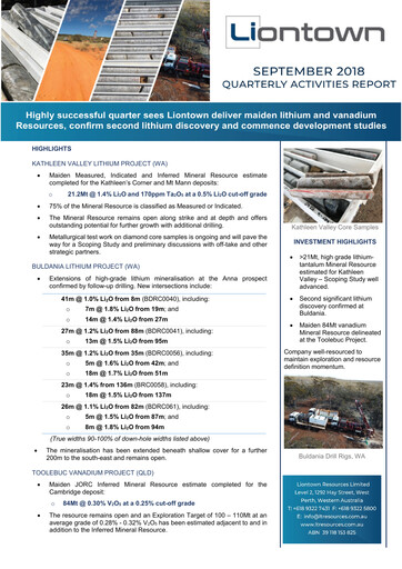 Vorschaubild Liontown Resources
 Quartalsbericht 2019-q1