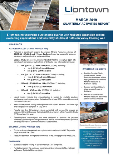 Vorschaubild Liontown Resources
 Quartalsbericht 2019-q3