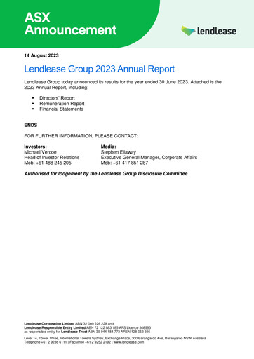 Thumbnail Lendlease Annual Report 2023