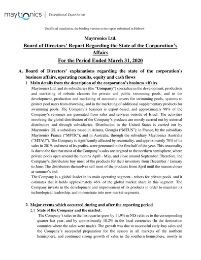 Miniature Maytronics Rapport trimestriel 2020-q1