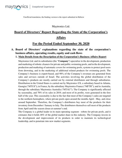 Miniature Maytronics Rapport trimestriel 2020-q3