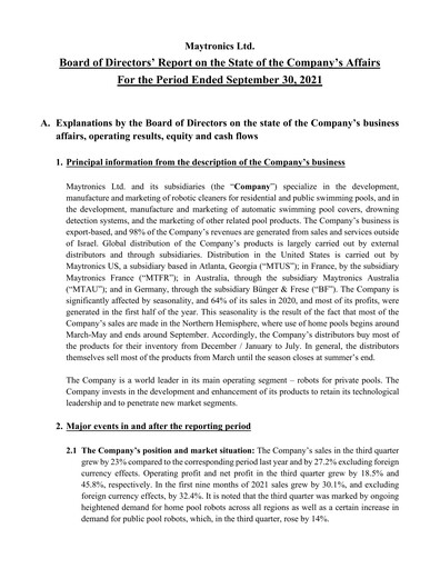 Miniature Maytronics Rapport trimestriel 2021-q3