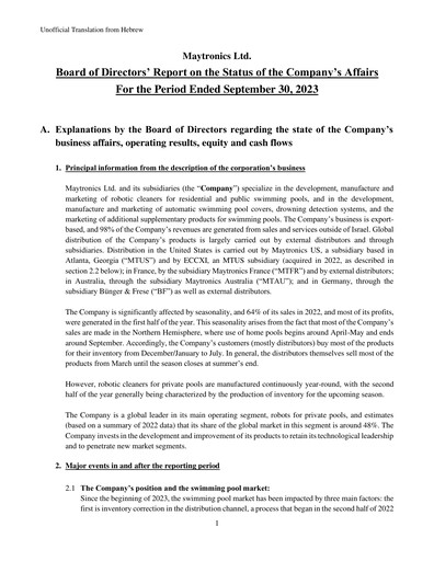 Miniature Maytronics Rapport trimestriel 2023-q3
